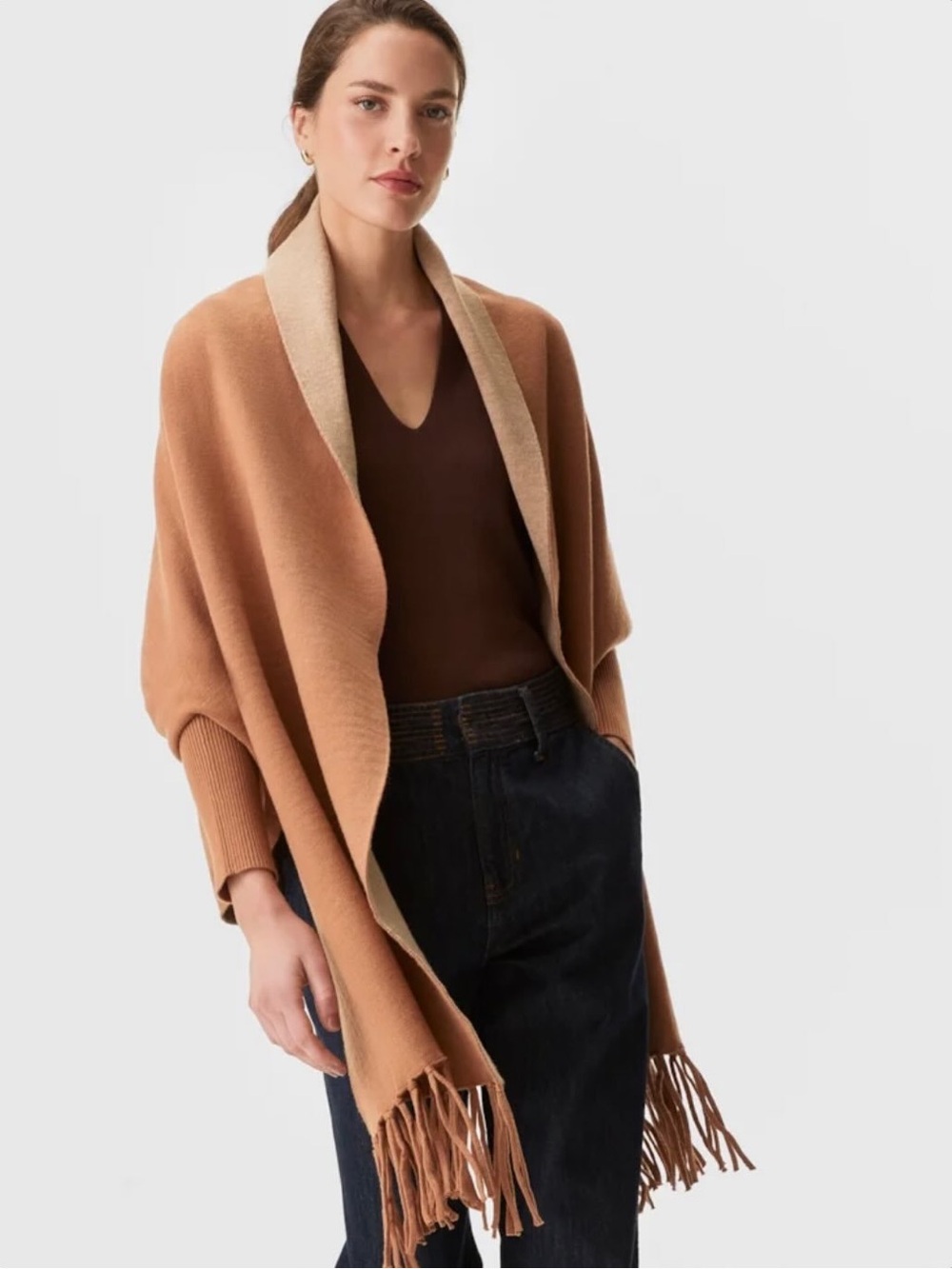 Pretty Persuasions Reversible Camel & Tan Wrap Sweater - Picture 4 of 10